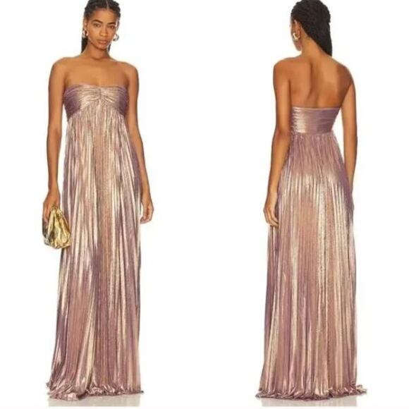 NEW Retrofete Lyanna Pleated Maxi Dress  Sz L Purple & Gold Strapless Metallic - Picture 3 of 11